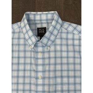 Jos A Bank Travelers Tailored Fit Mens Button Down Blue Plaid Dress Shirt Size L